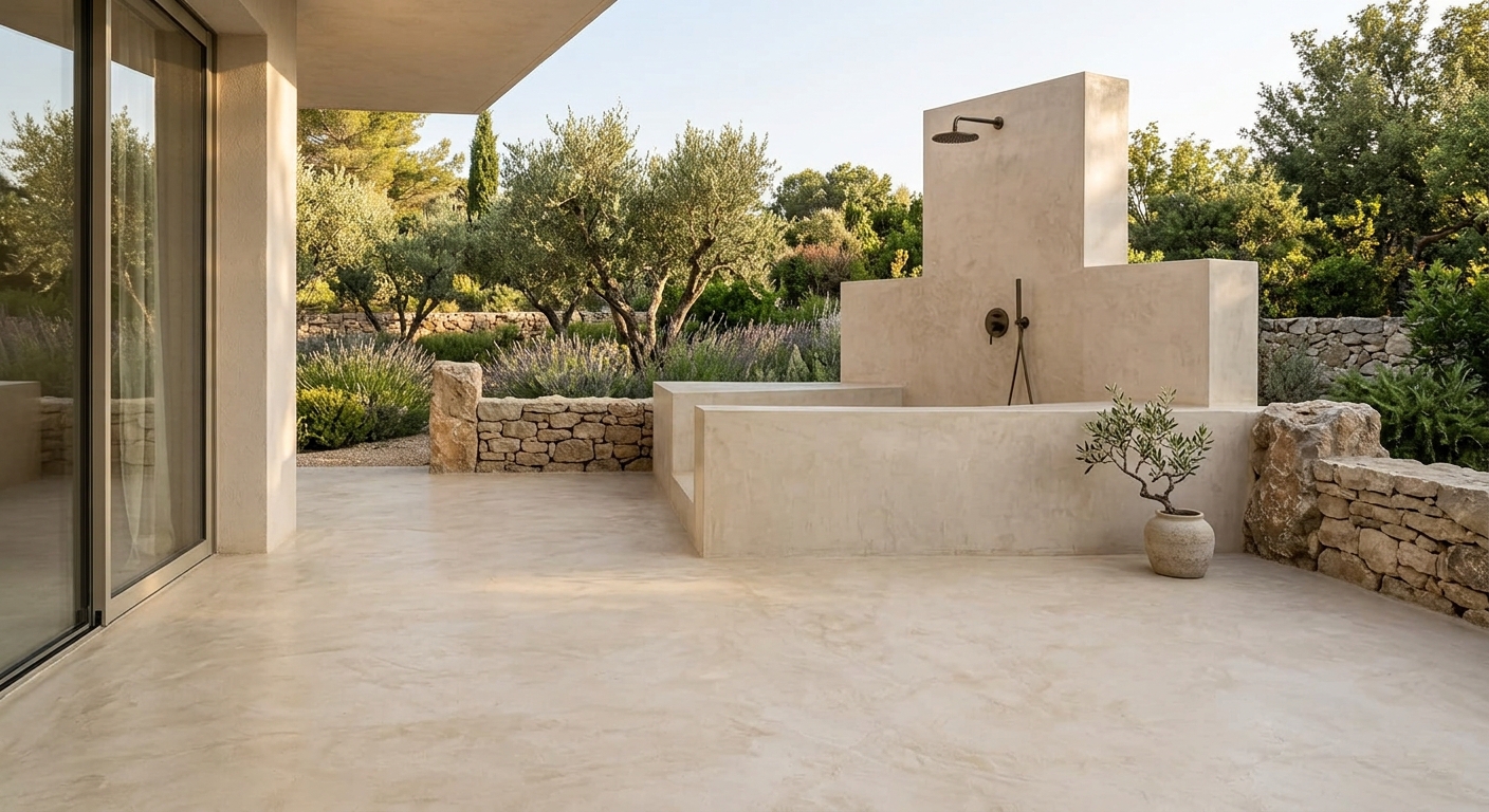 Terrasse extérieure complète en béton ciré, douche extérieure