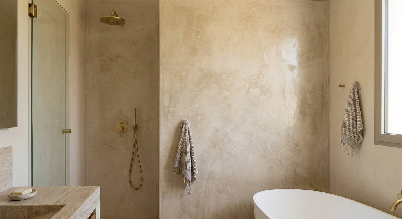 Mur en béton ciré avec traces de spatule, douche et baignoire