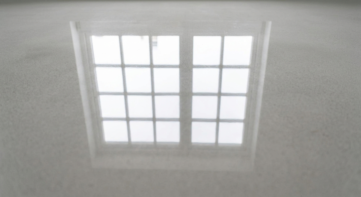 Zoom sur un béton ciré verni, effet brillant et réfléchissant